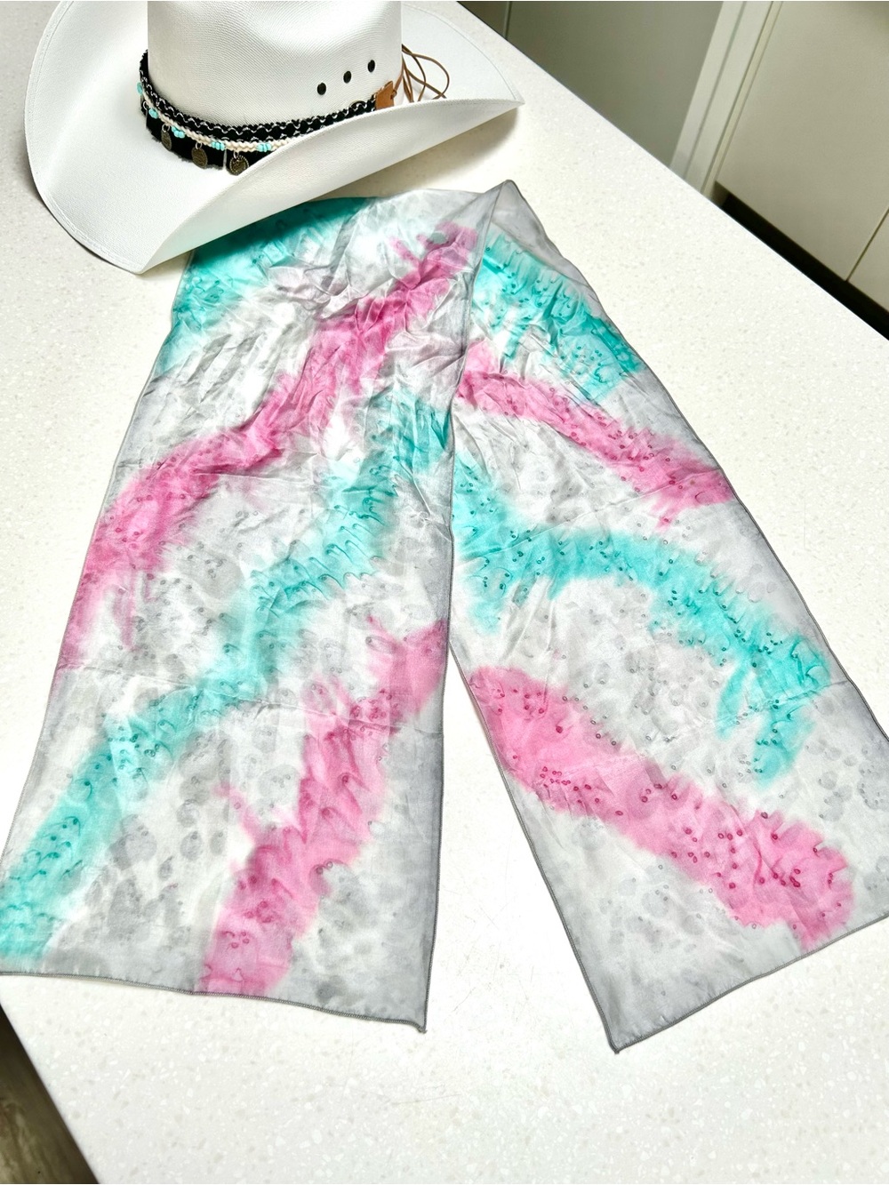 Artisan Silk-Blend Scarf in Silver, Teal & Pink Tie-Dye